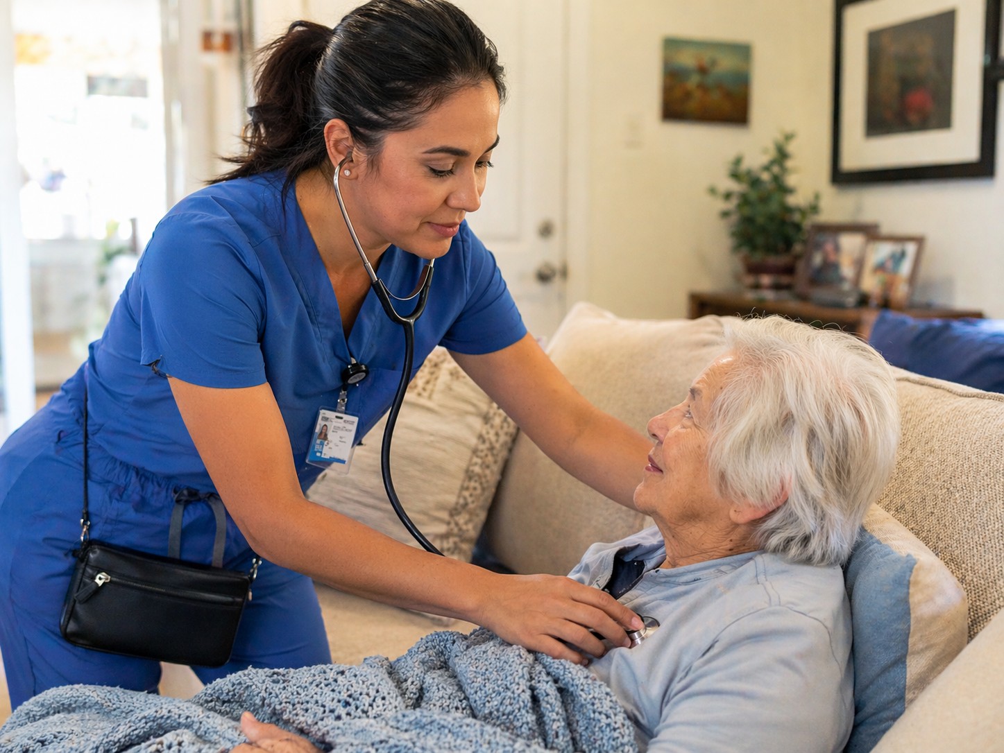 Core Health Group nurse providing compassionate in-home care to an elderly patient